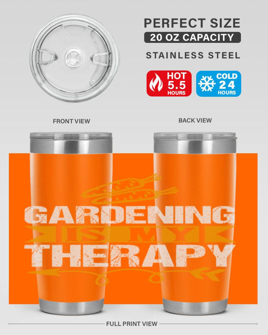 A stylish 20oz stainless steel tumbler with 'Gardening is my Therapy' printed design, perfect for keeping drinks hot or cold.
