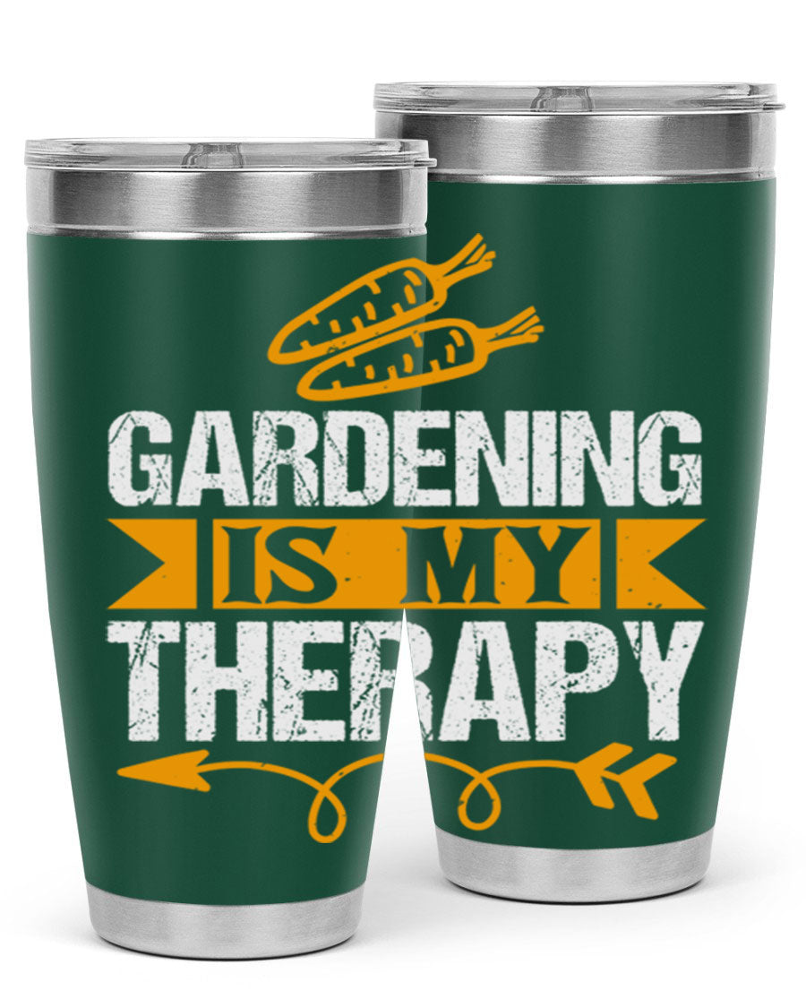 A stylish 20oz stainless steel tumbler with 'Gardening is my Therapy' printed design, perfect for keeping drinks hot or cold.