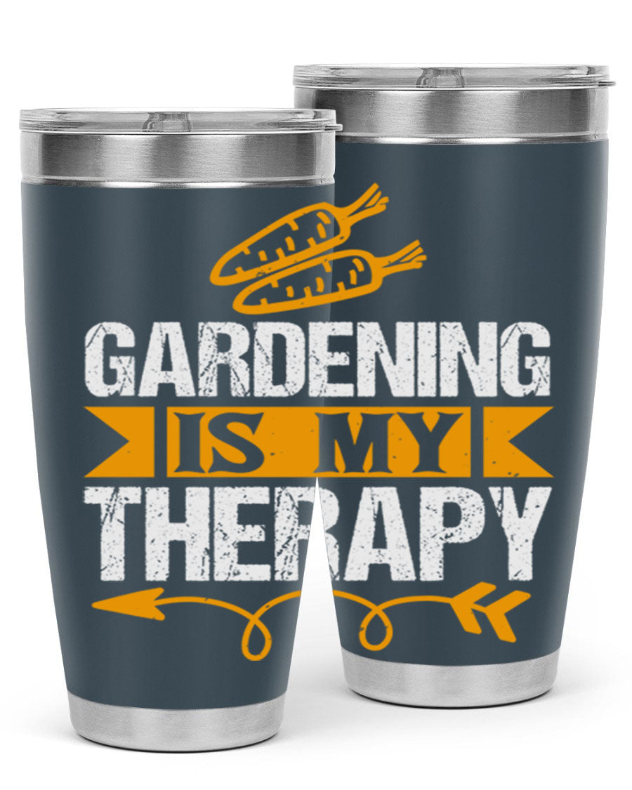 A stylish 20oz stainless steel tumbler with 'Gardening is my Therapy' printed design, perfect for keeping drinks hot or cold.