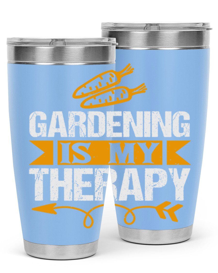 A stylish 20oz stainless steel tumbler with 'Gardening is my Therapy' printed design, perfect for keeping drinks hot or cold.