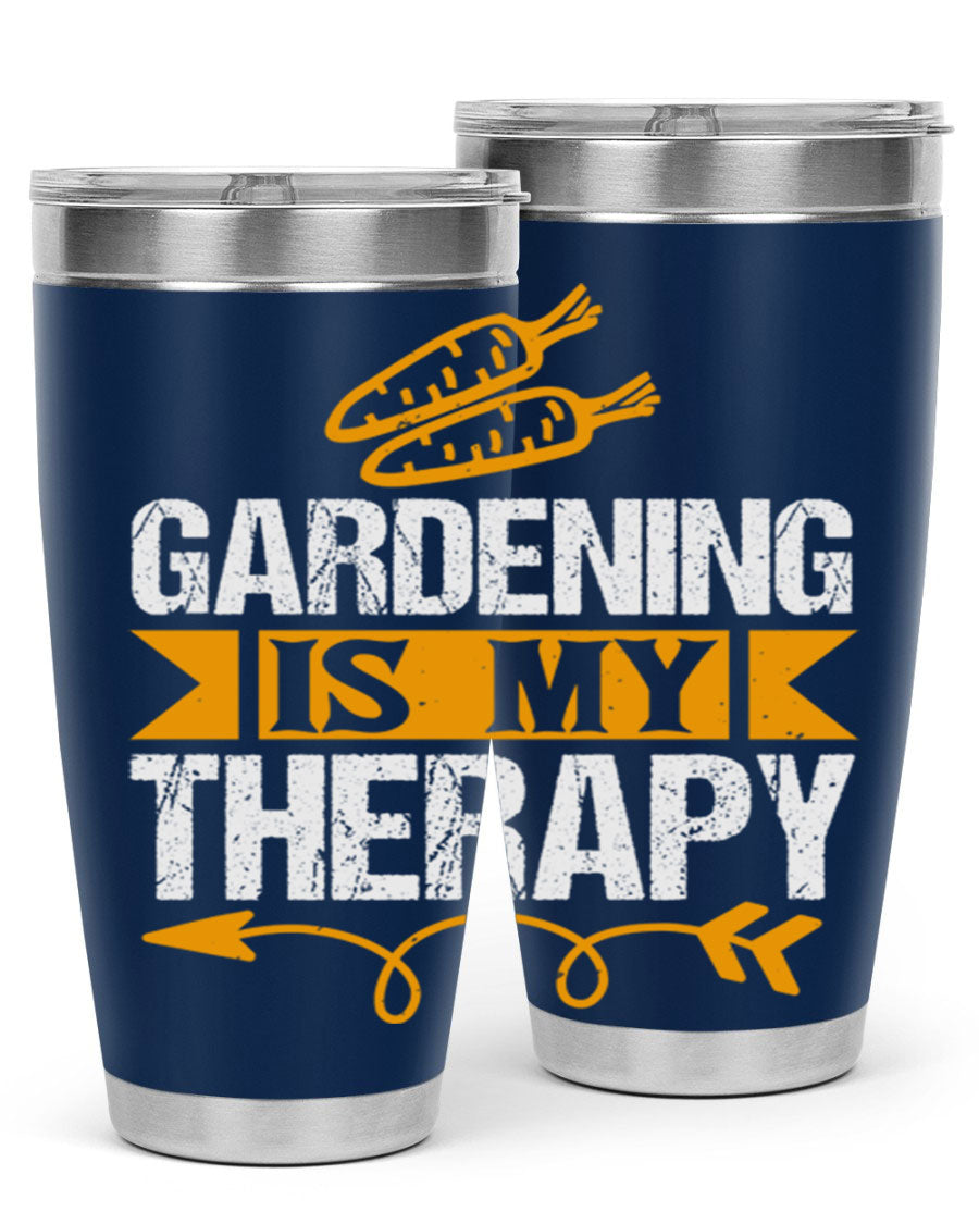 A stylish 20oz stainless steel tumbler with 'Gardening is my Therapy' printed design, perfect for keeping drinks hot or cold.