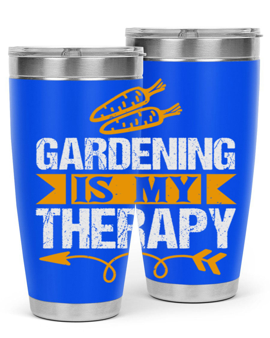 A stylish 20oz stainless steel tumbler with 'Gardening is my Therapy' printed design, perfect for keeping drinks hot or cold.