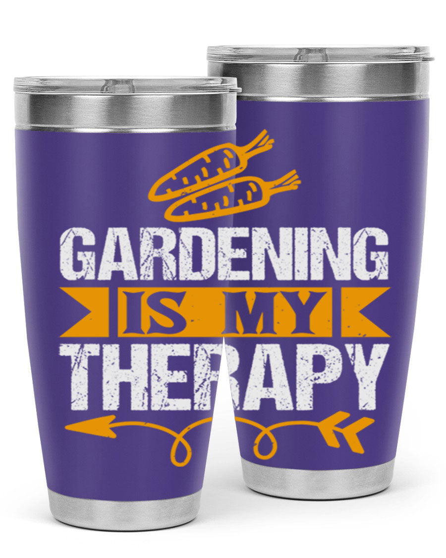 A stylish 20oz stainless steel tumbler with 'Gardening is my Therapy' printed design, perfect for keeping drinks hot or cold.