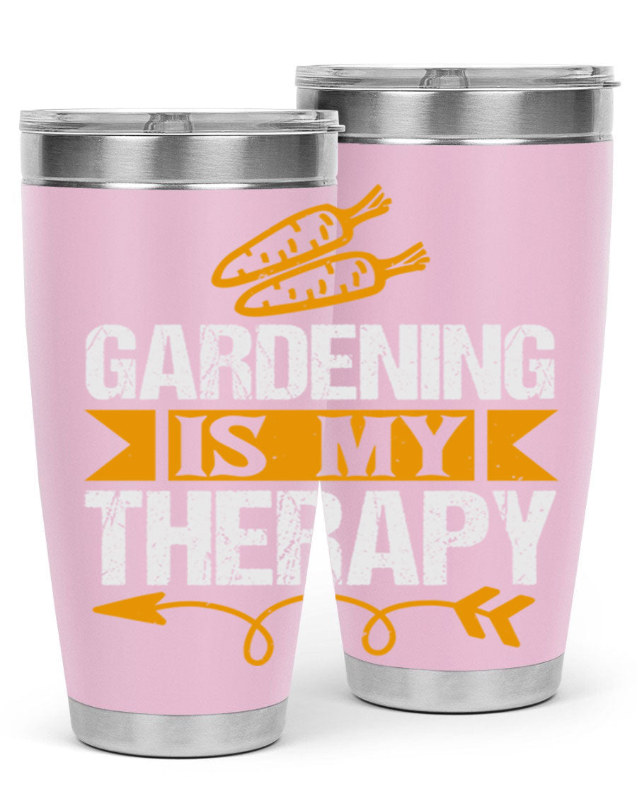 A stylish 20oz stainless steel tumbler with 'Gardening is my Therapy' printed design, perfect for keeping drinks hot or cold.