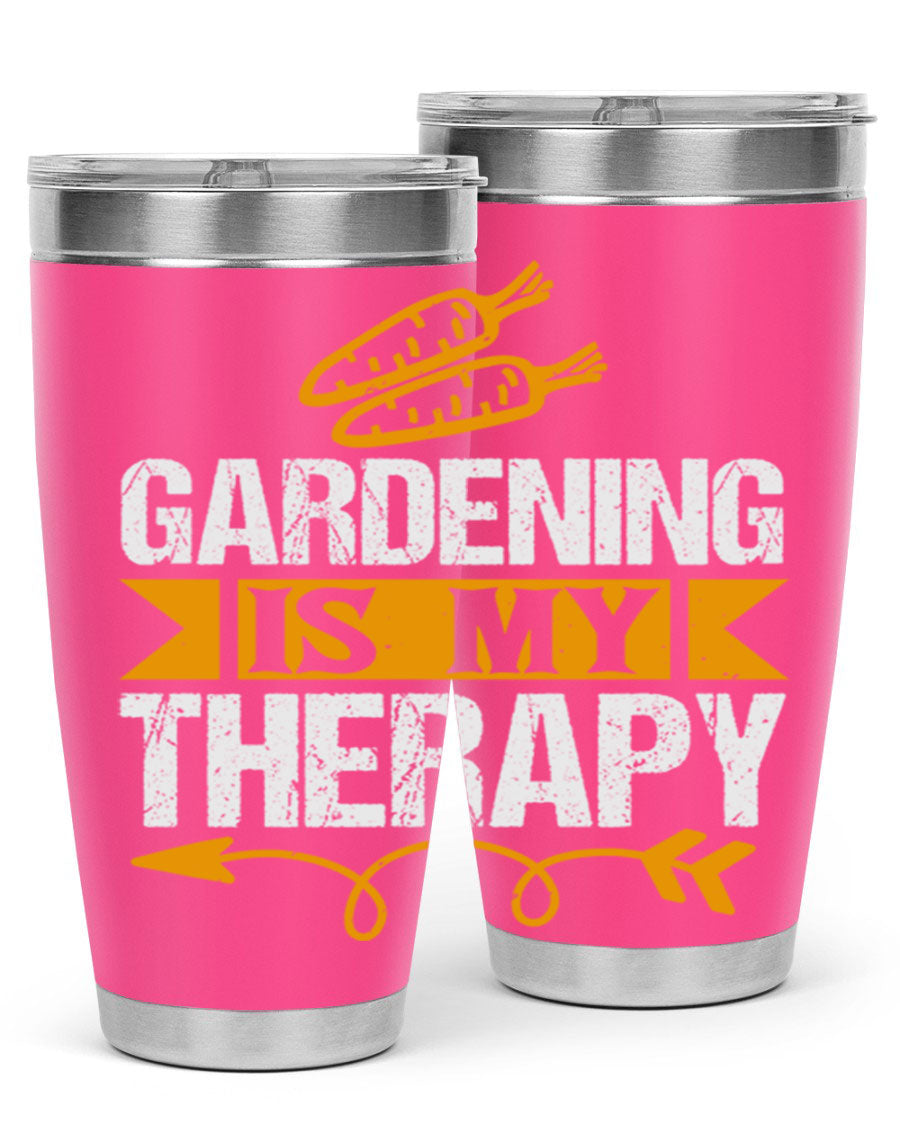 A stylish 20oz stainless steel tumbler with 'Gardening is my Therapy' printed design, perfect for keeping drinks hot or cold.
