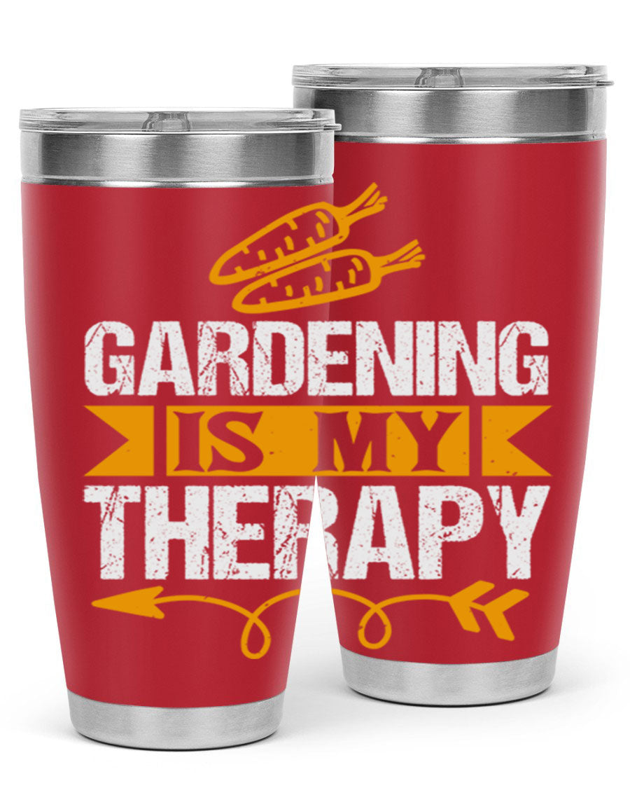 A stylish 20oz stainless steel tumbler with 'Gardening is my Therapy' printed design, perfect for keeping drinks hot or cold.