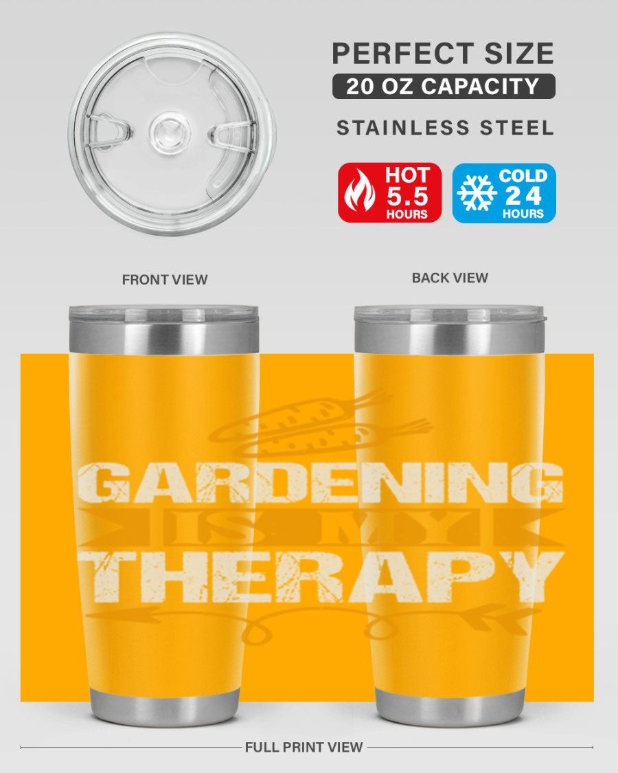 A stylish 20oz stainless steel tumbler with 'Gardening is my Therapy' printed design, perfect for keeping drinks hot or cold.