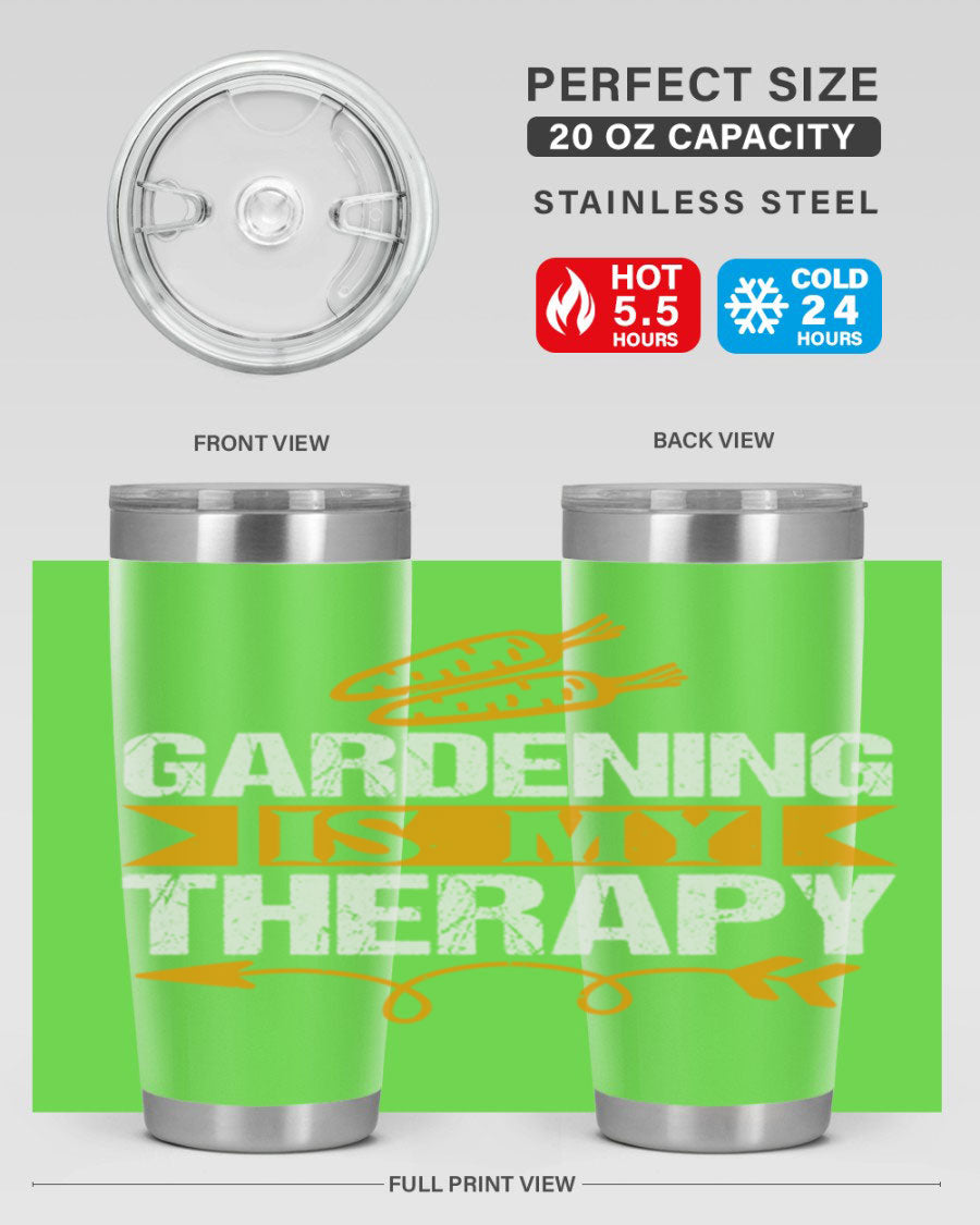 A stylish 20oz stainless steel tumbler with 'Gardening is my Therapy' printed design, perfect for keeping drinks hot or cold.