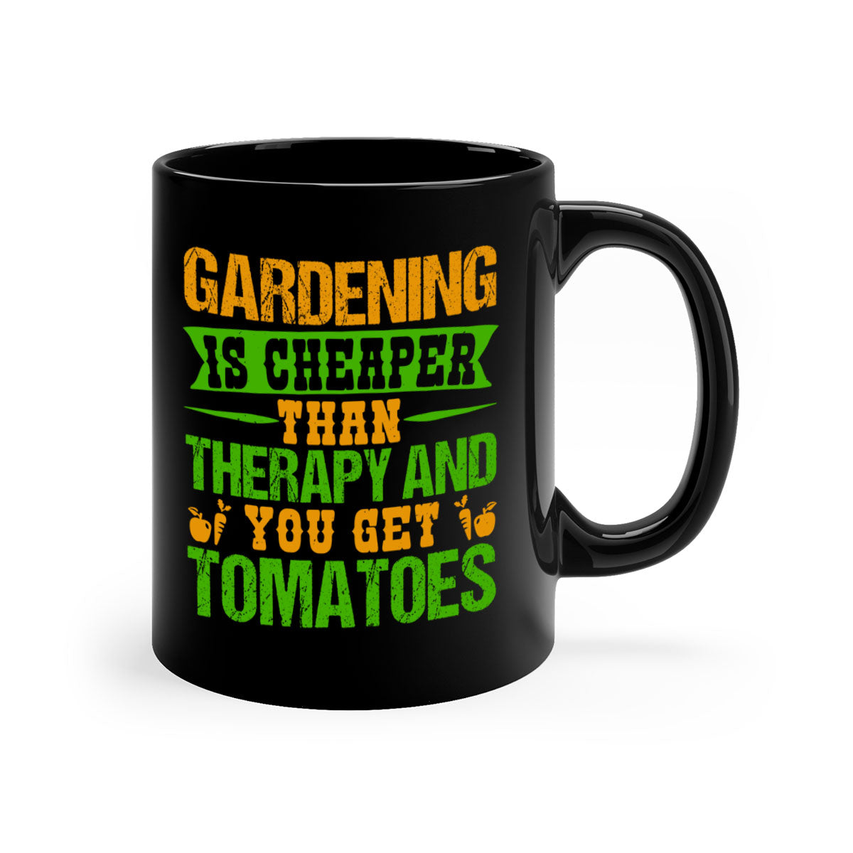 Two-tone ceramic mug with 'Gardening is cheaper than therapy' design, featuring a colored handle and glossy finish.