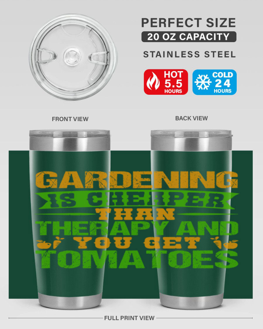 Gardening is Cheaper Than Therapy 20oz Tumbler made of stainless steel with a vibrant design, perfect for hot and cold beverages.