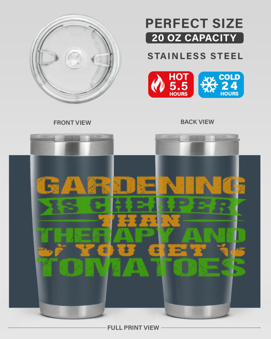 Gardening is Cheaper Than Therapy 20oz Tumbler made of stainless steel with a vibrant design, perfect for hot and cold beverages.