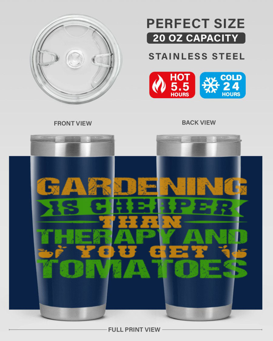 Gardening is Cheaper Than Therapy 20oz Tumbler made of stainless steel with a vibrant design, perfect for hot and cold beverages.