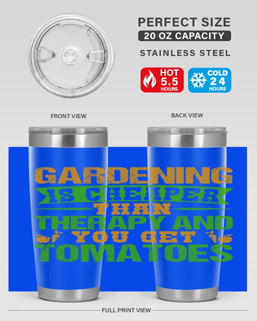 Gardening is Cheaper Than Therapy 20oz Tumbler made of stainless steel with a vibrant design, perfect for hot and cold beverages.
