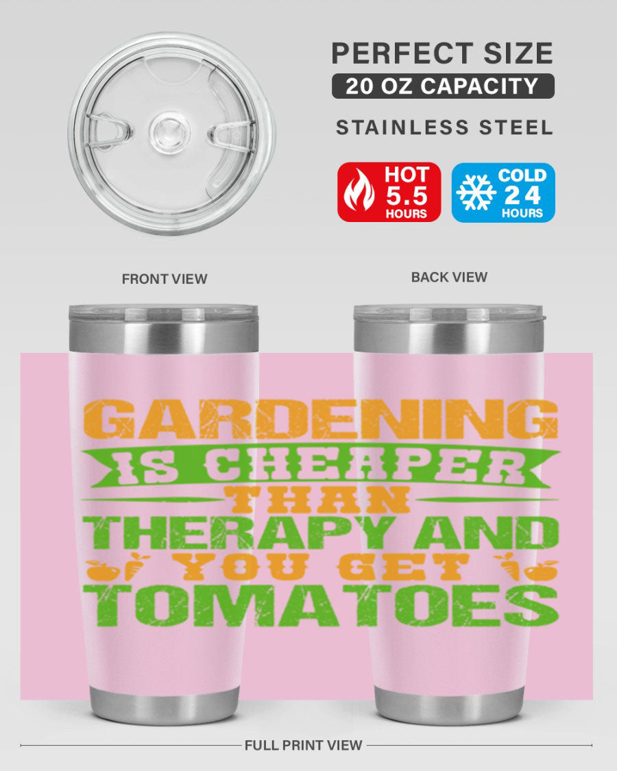 Gardening is Cheaper Than Therapy 20oz Tumbler made of stainless steel with a vibrant design, perfect for hot and cold beverages.