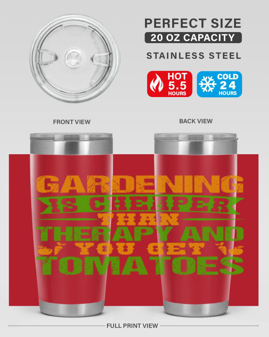 Gardening is Cheaper Than Therapy 20oz Tumbler made of stainless steel with a vibrant design, perfect for hot and cold beverages.