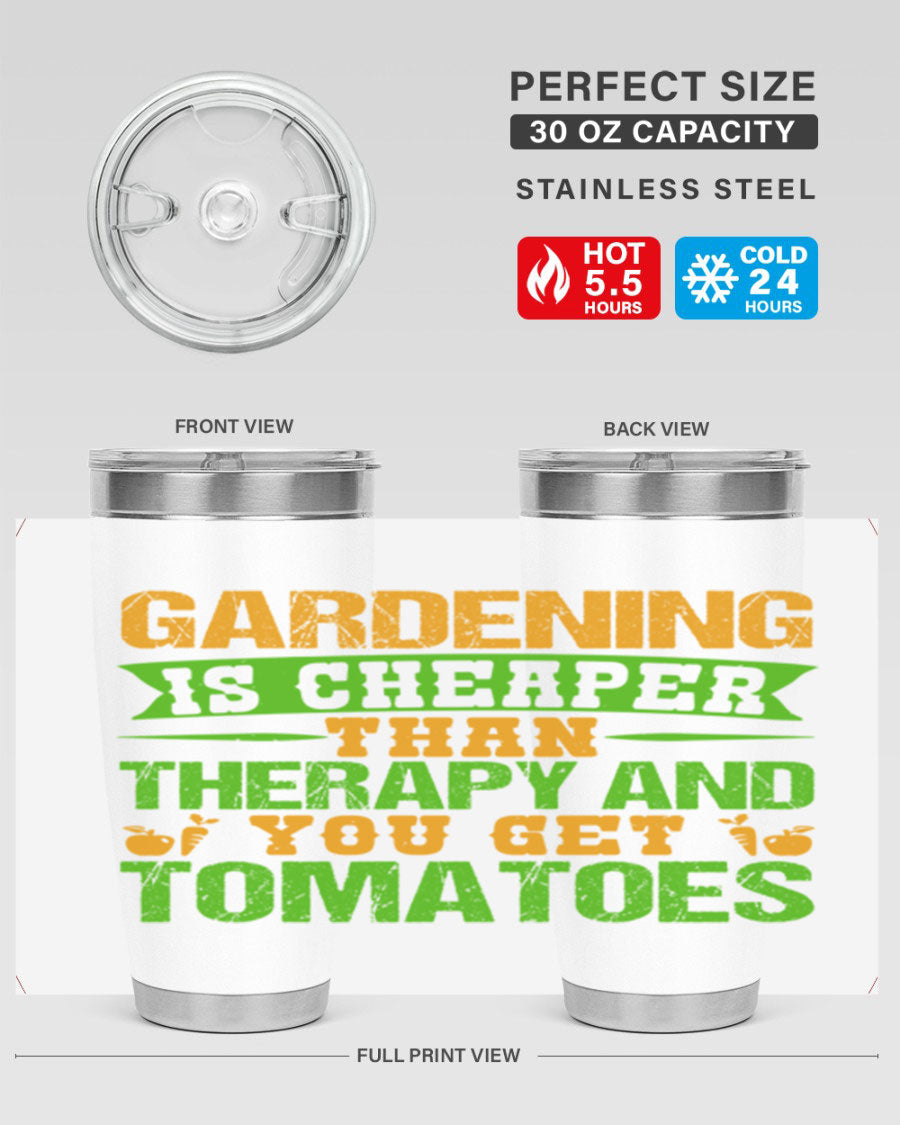 Gardening is Cheaper Than Therapy 20oz Tumbler made of stainless steel with a vibrant design, perfect for hot and cold beverages.