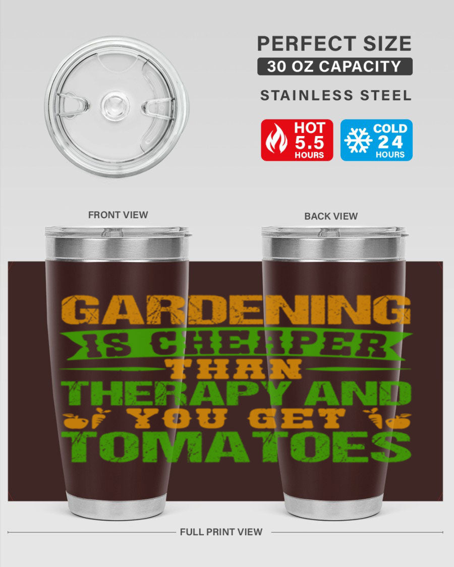 Gardening is Cheaper Than Therapy 20oz Tumbler made of stainless steel with a vibrant design, perfect for hot and cold beverages.