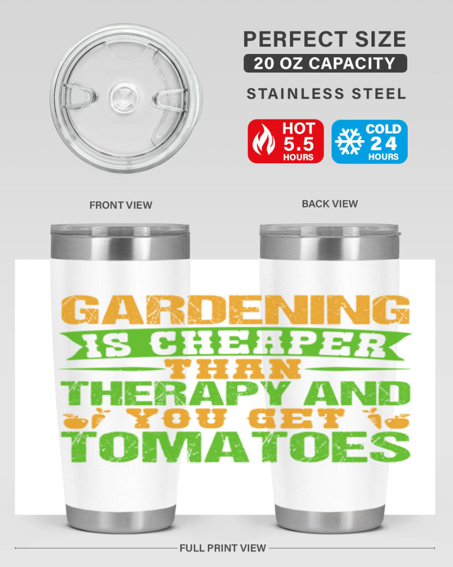 Gardening is Cheaper Than Therapy 20oz Tumbler made of stainless steel with a vibrant design, perfect for hot and cold beverages.