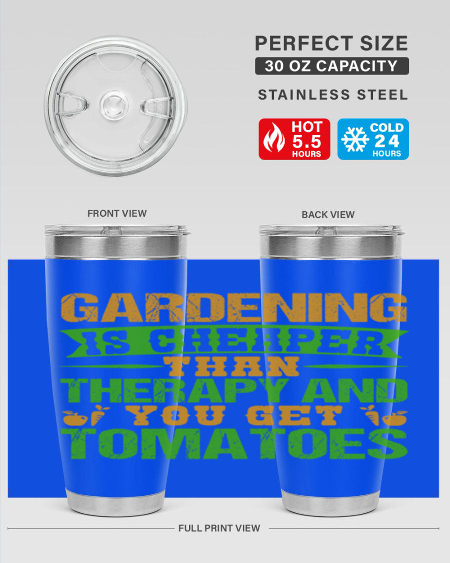 Gardening is Cheaper Than Therapy 20oz Tumbler made of stainless steel with a vibrant design, perfect for hot and cold beverages.