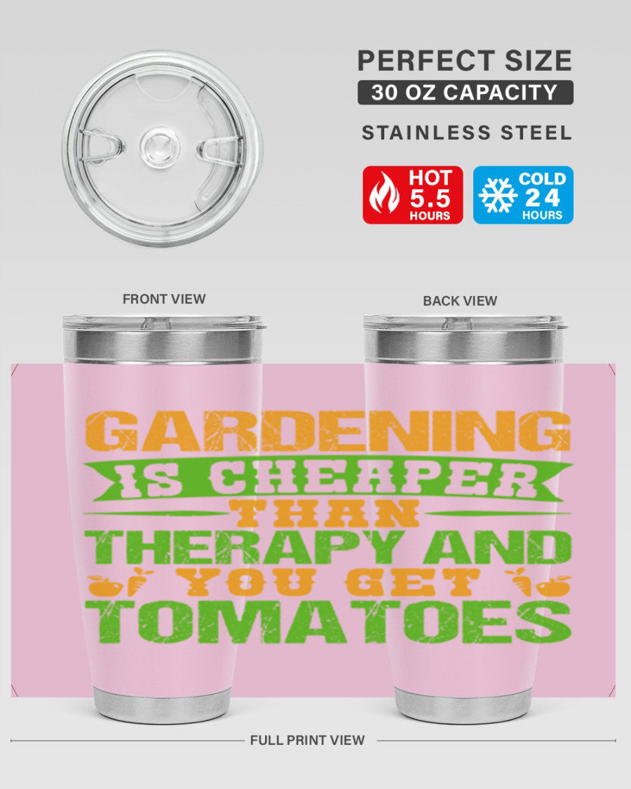 Gardening is Cheaper Than Therapy 20oz Tumbler made of stainless steel with a vibrant design, perfect for hot and cold beverages.