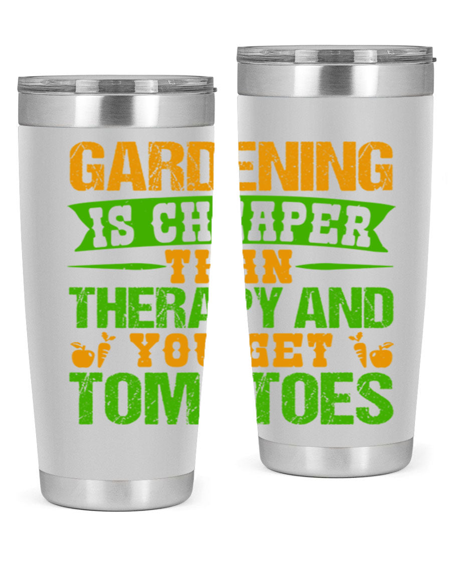 Gardening is Cheaper Than Therapy 20oz Tumbler made of stainless steel with a vibrant design, perfect for hot and cold beverages.
