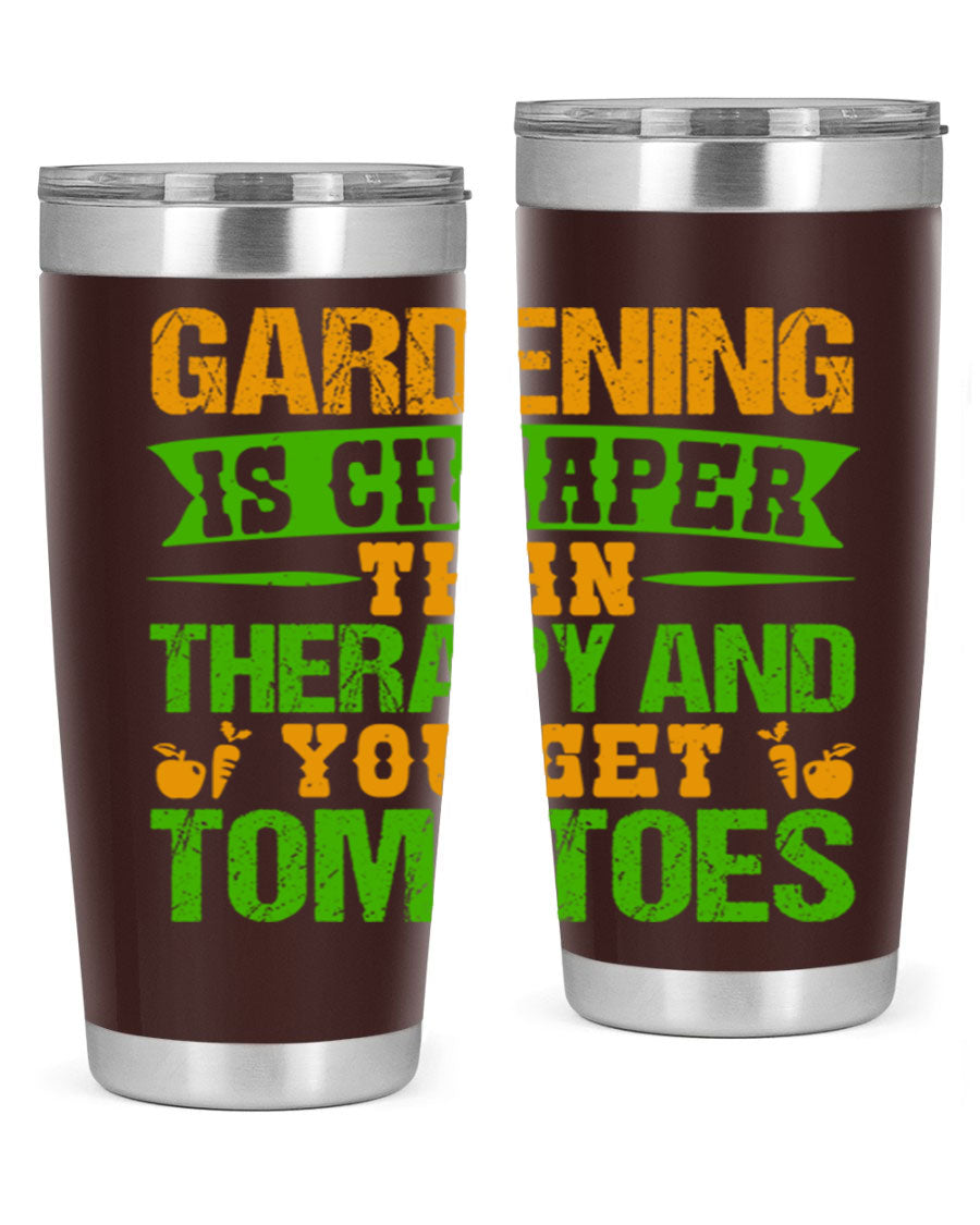 Gardening is Cheaper Than Therapy 20oz Tumbler made of stainless steel with a vibrant design, perfect for hot and cold beverages.