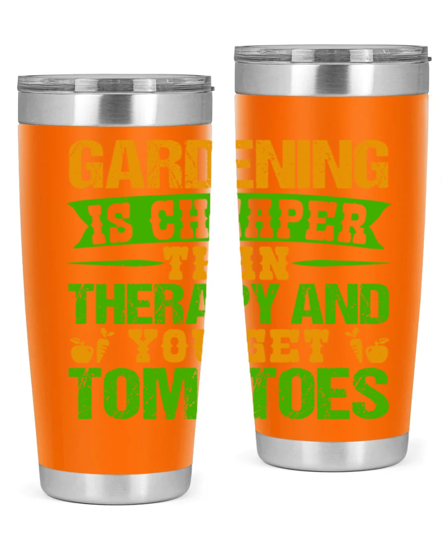 Gardening is Cheaper Than Therapy 20oz Tumbler made of stainless steel with a vibrant design, perfect for hot and cold beverages.