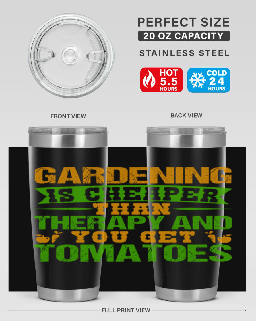 Gardening is Cheaper Than Therapy 20oz Tumbler made of stainless steel with a vibrant design, perfect for hot and cold beverages.