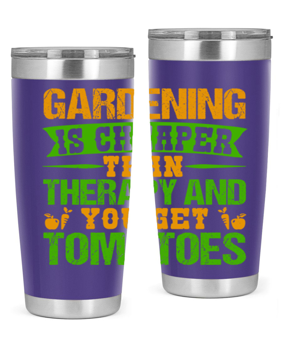 Gardening is Cheaper Than Therapy 20oz Tumbler made of stainless steel with a vibrant design, perfect for hot and cold beverages.