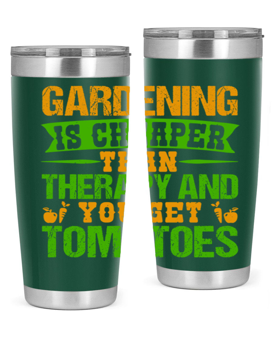 Gardening is Cheaper Than Therapy 20oz Tumbler made of stainless steel with a vibrant design, perfect for hot and cold beverages.