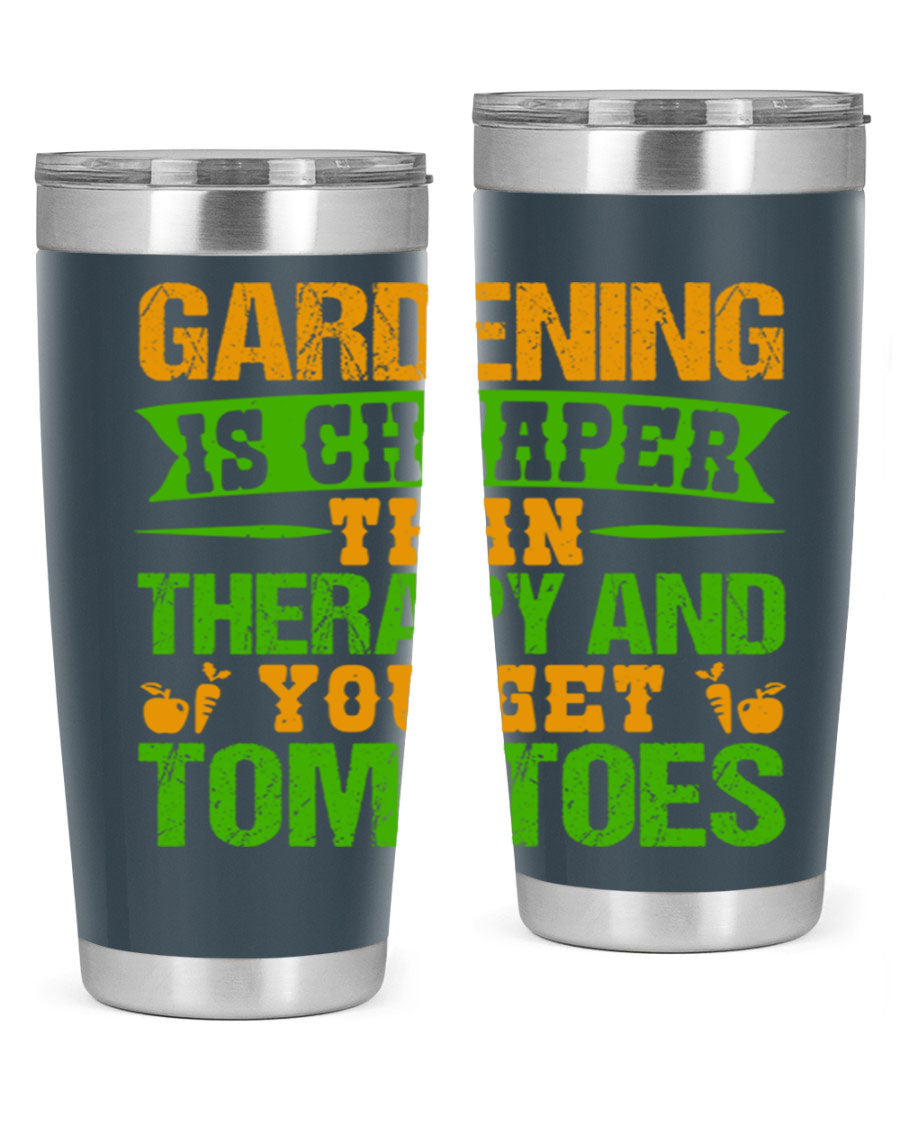 Gardening is Cheaper Than Therapy 20oz Tumbler made of stainless steel with a vibrant design, perfect for hot and cold beverages.