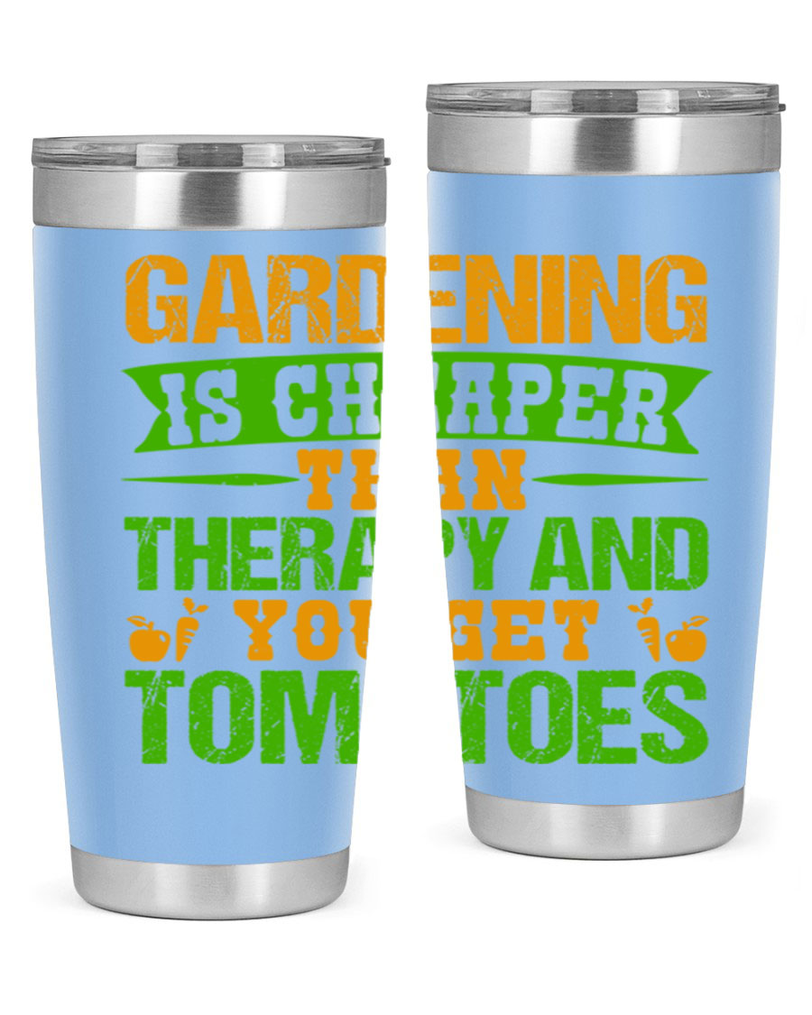 Gardening is Cheaper Than Therapy 20oz Tumbler made of stainless steel with a vibrant design, perfect for hot and cold beverages.