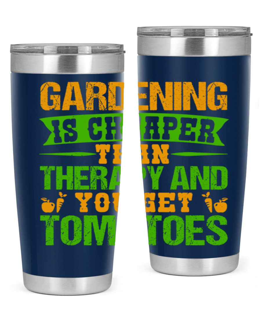 Gardening is Cheaper Than Therapy 20oz Tumbler made of stainless steel with a vibrant design, perfect for hot and cold beverages.