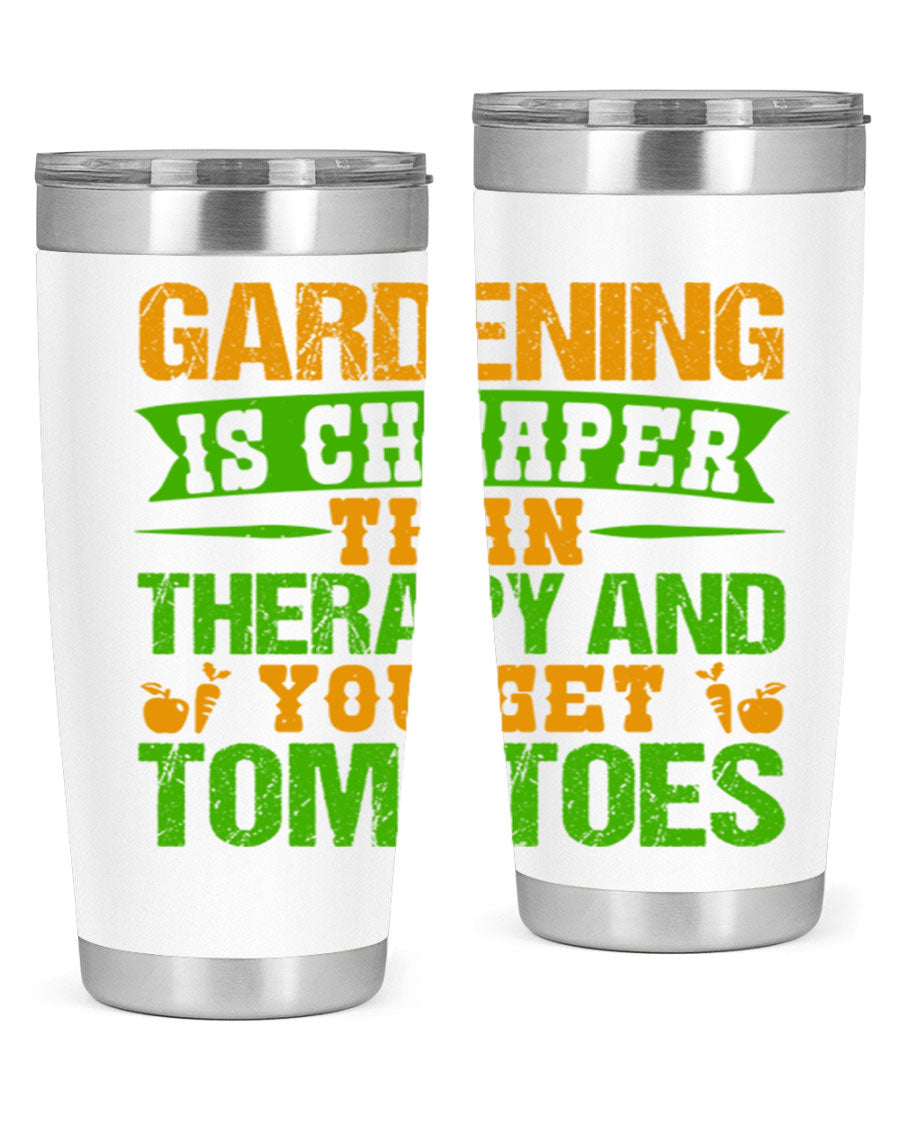 Gardening is Cheaper Than Therapy 20oz Tumbler made of stainless steel with a vibrant design, perfect for hot and cold beverages.