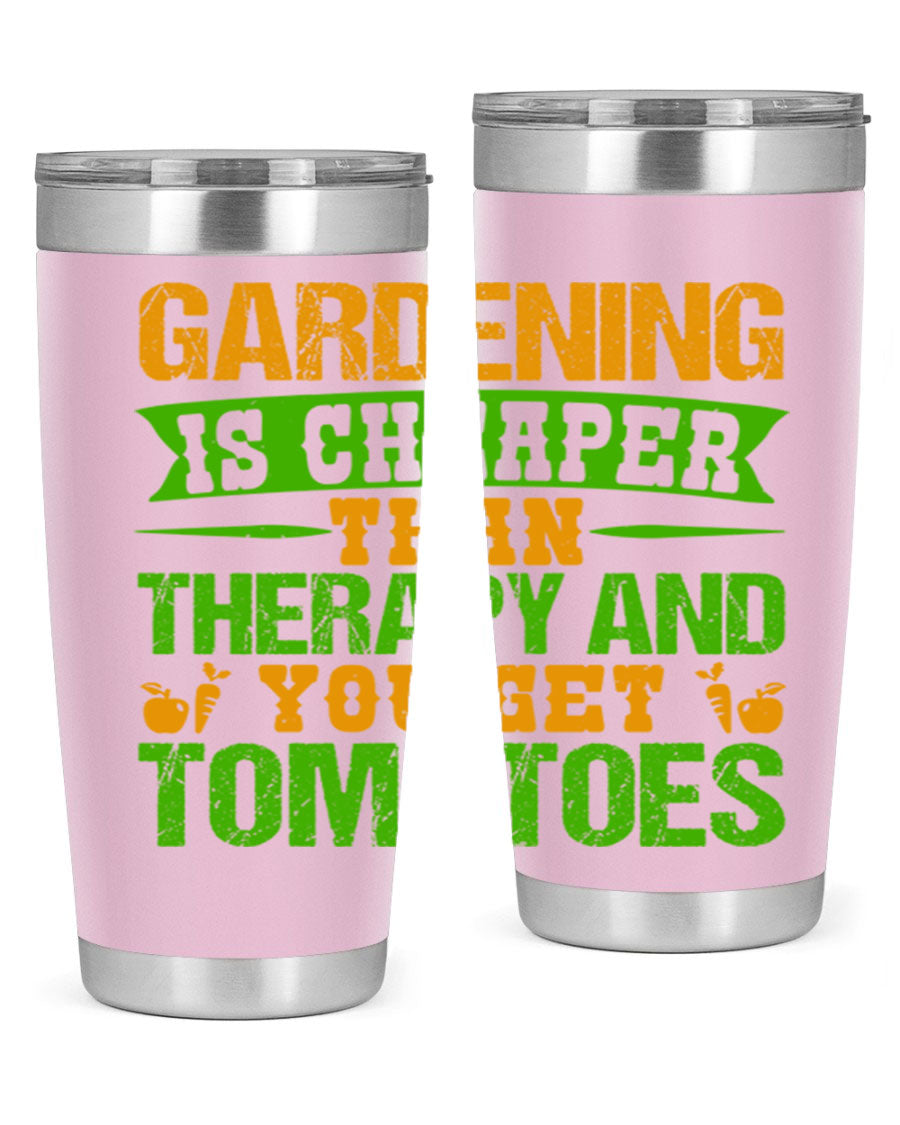 Gardening is Cheaper Than Therapy 20oz Tumbler made of stainless steel with a vibrant design, perfect for hot and cold beverages.