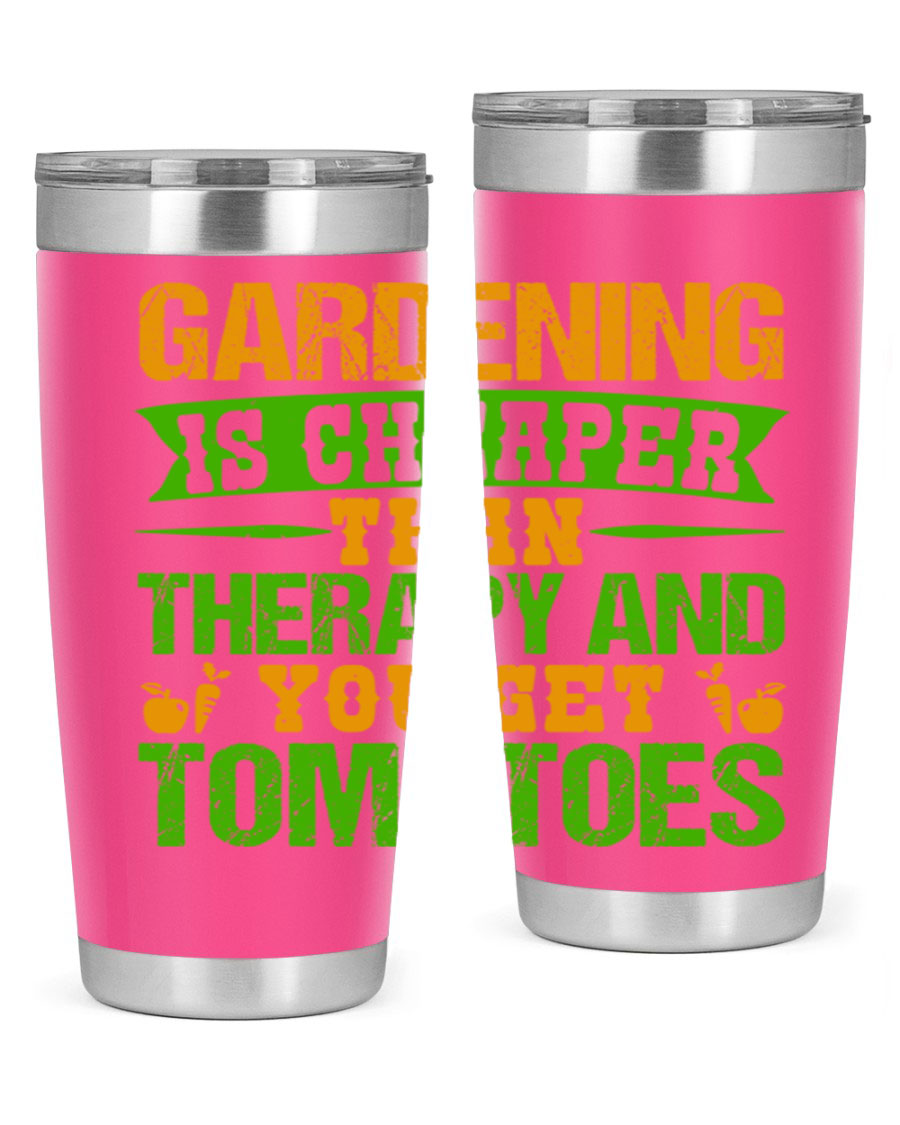 Gardening is Cheaper Than Therapy 20oz Tumbler made of stainless steel with a vibrant design, perfect for hot and cold beverages.