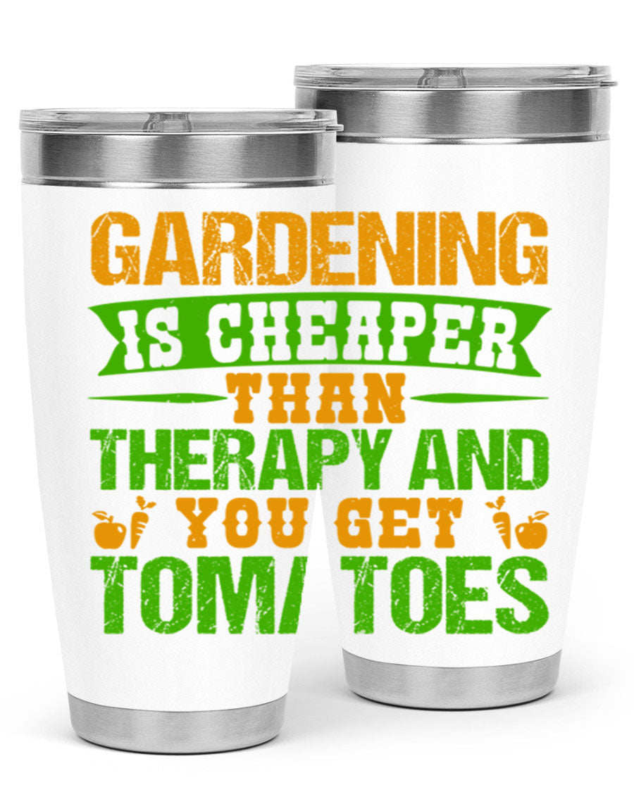 Gardening is Cheaper Than Therapy 20oz Tumbler made of stainless steel with a vibrant design, perfect for hot and cold beverages.