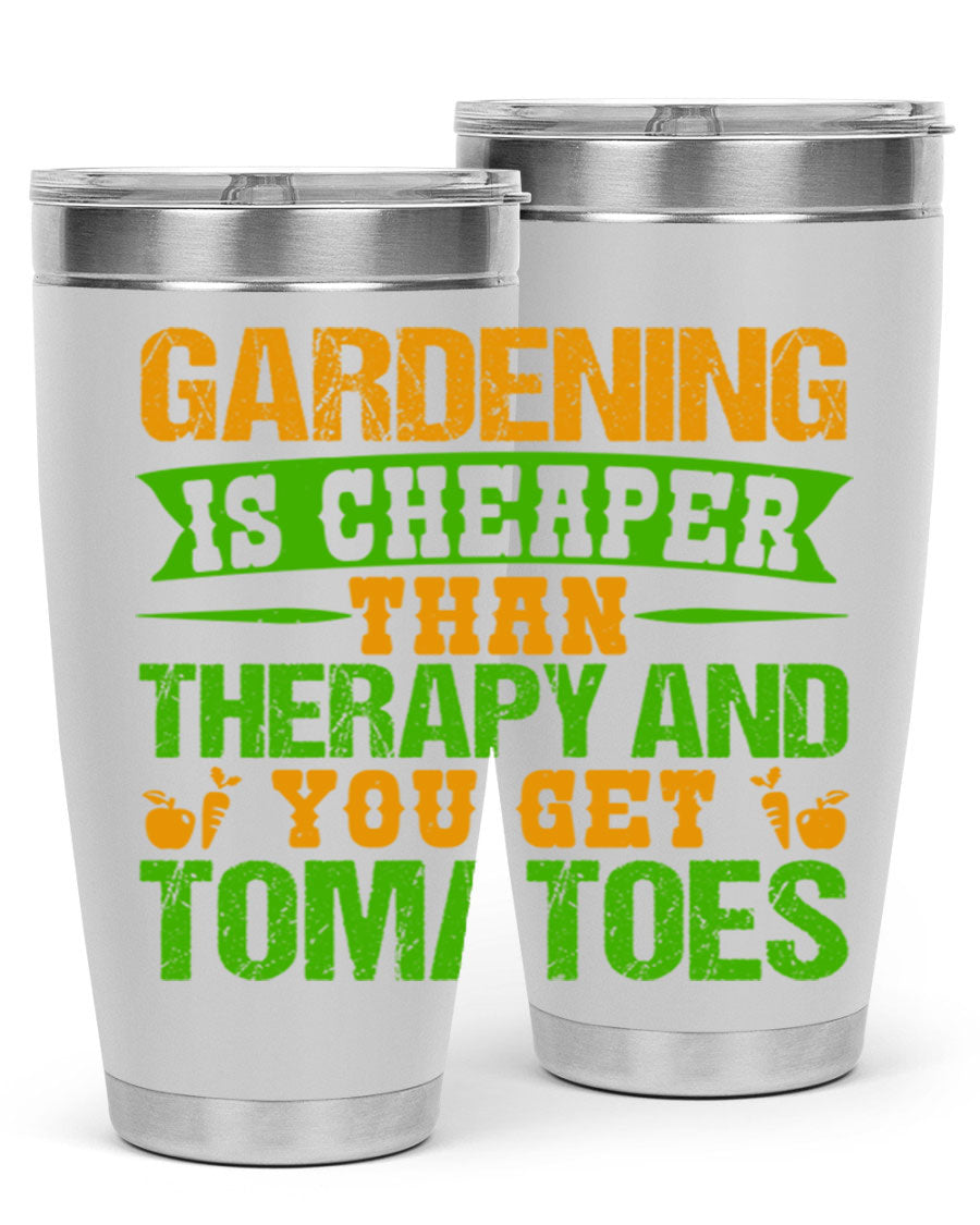 Gardening is Cheaper Than Therapy 20oz Tumbler made of stainless steel with a vibrant design, perfect for hot and cold beverages.