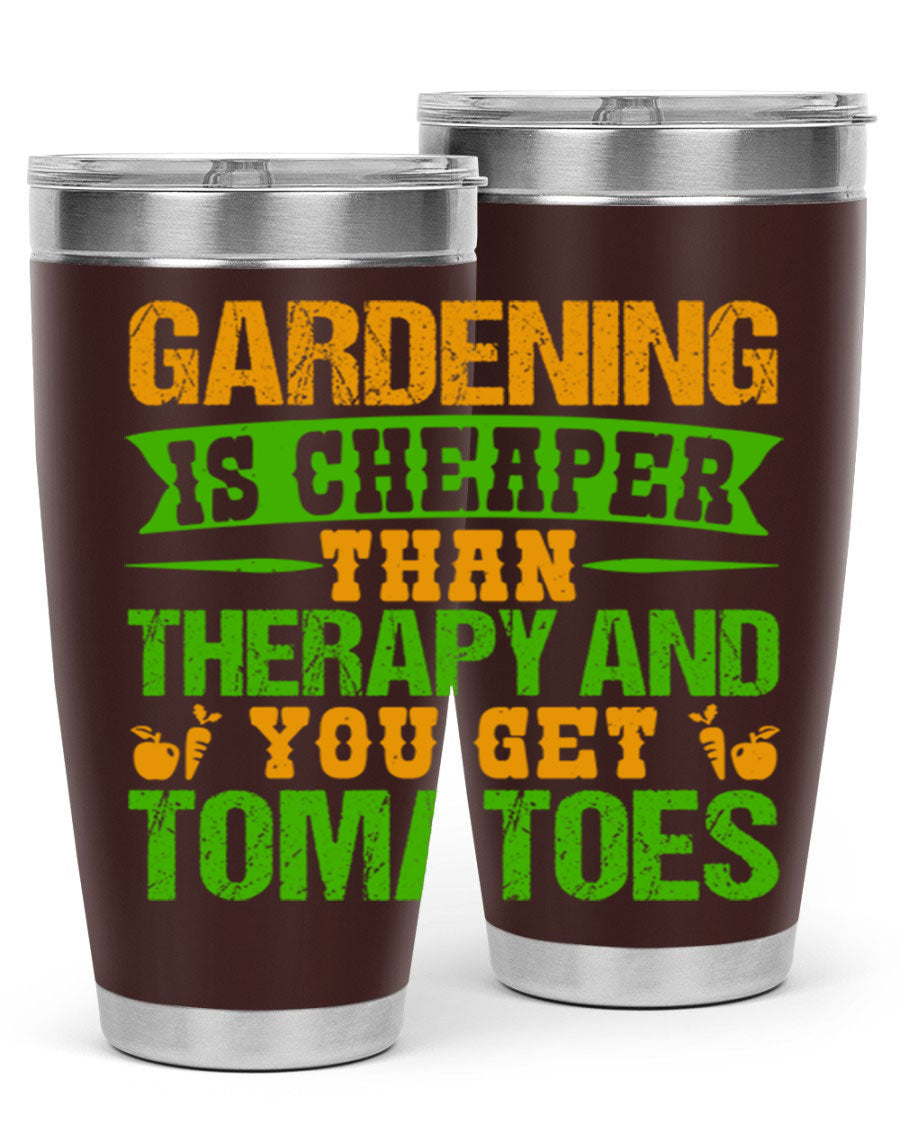 Gardening is Cheaper Than Therapy 20oz Tumbler made of stainless steel with a vibrant design, perfect for hot and cold beverages.