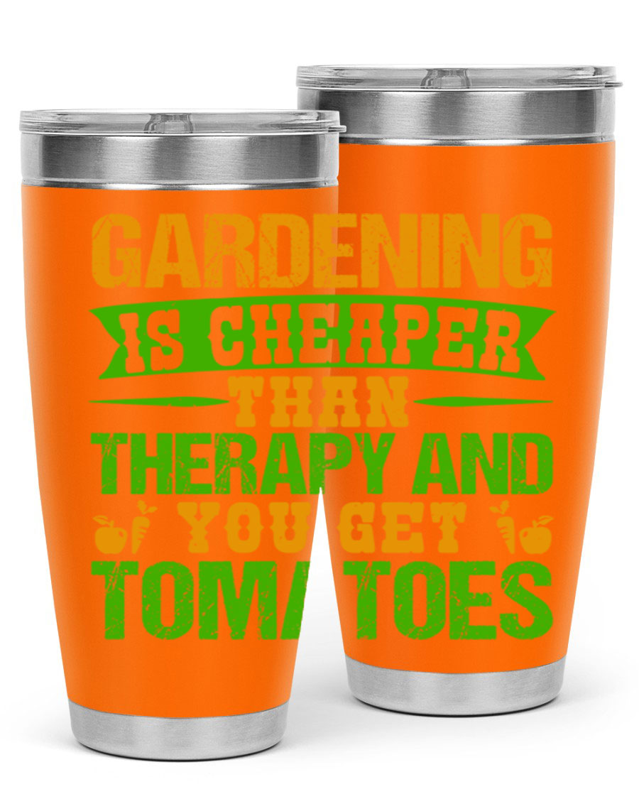 Gardening is Cheaper Than Therapy 20oz Tumbler made of stainless steel with a vibrant design, perfect for hot and cold beverages.
