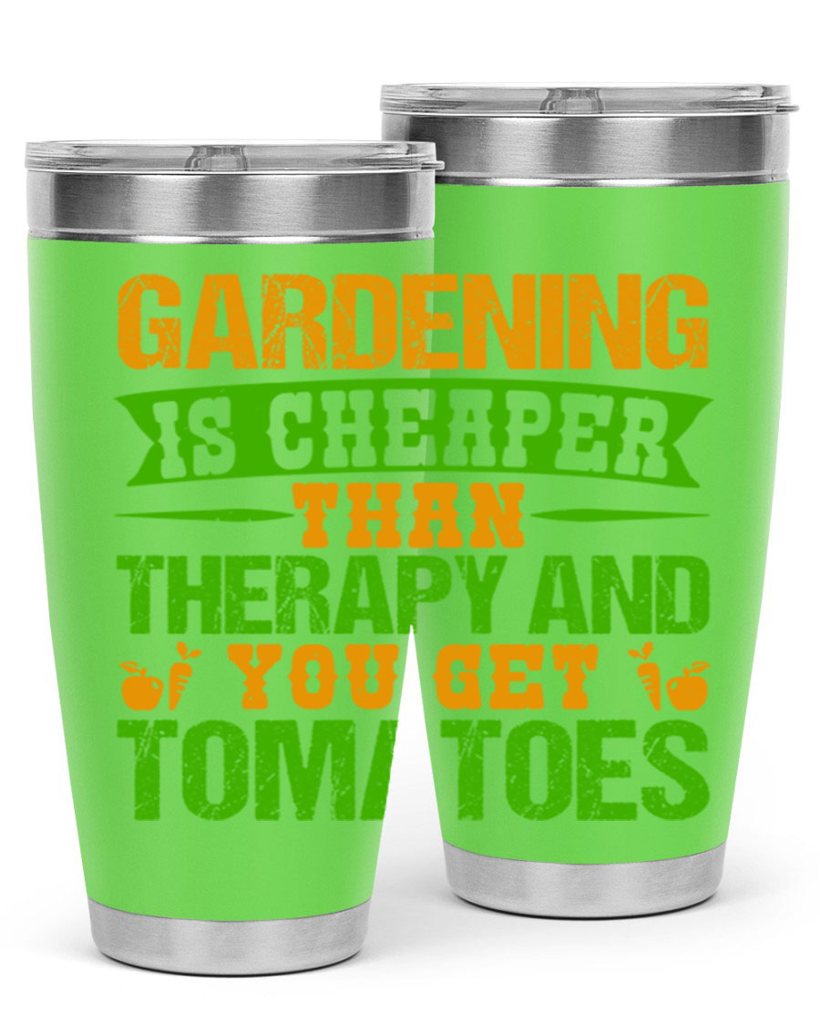 Gardening is Cheaper Than Therapy 20oz Tumbler made of stainless steel with a vibrant design, perfect for hot and cold beverages.