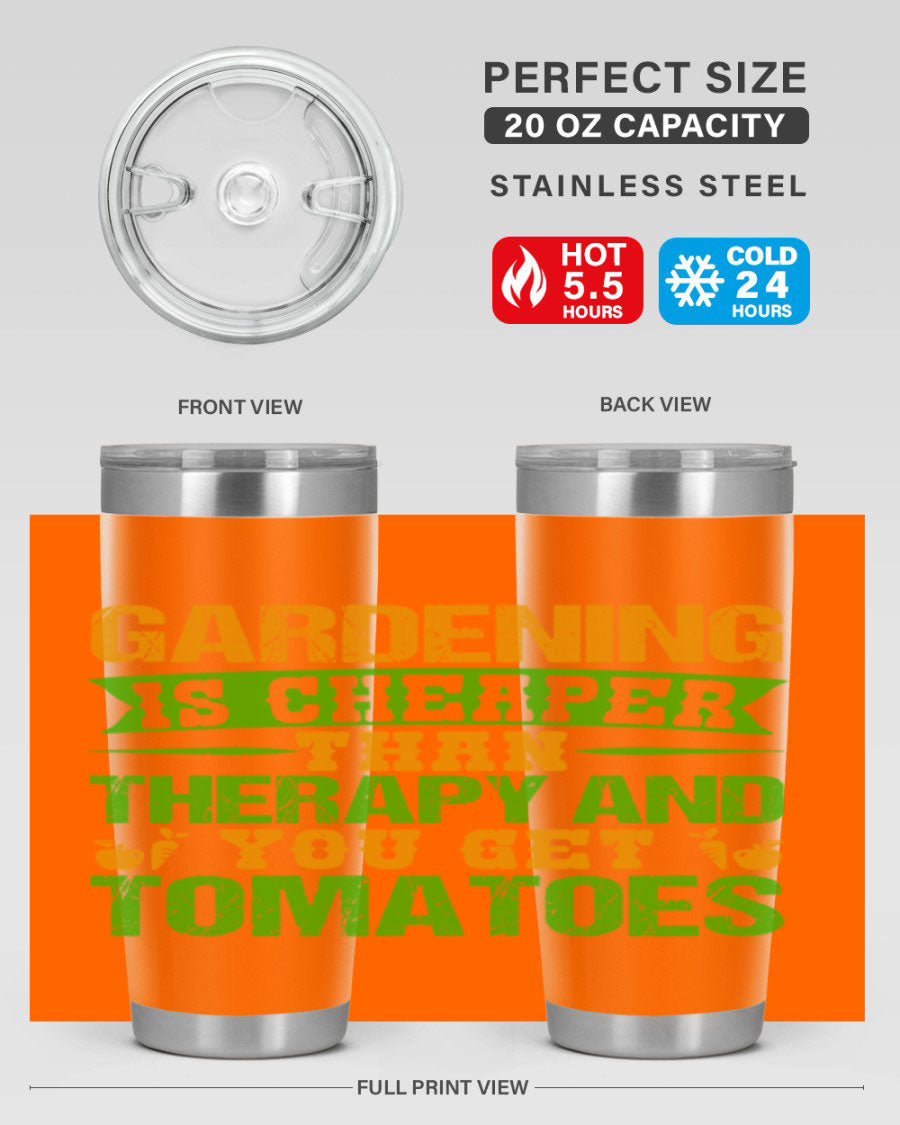 Gardening is Cheaper Than Therapy 20oz Tumbler made of stainless steel with a vibrant design, perfect for hot and cold beverages.