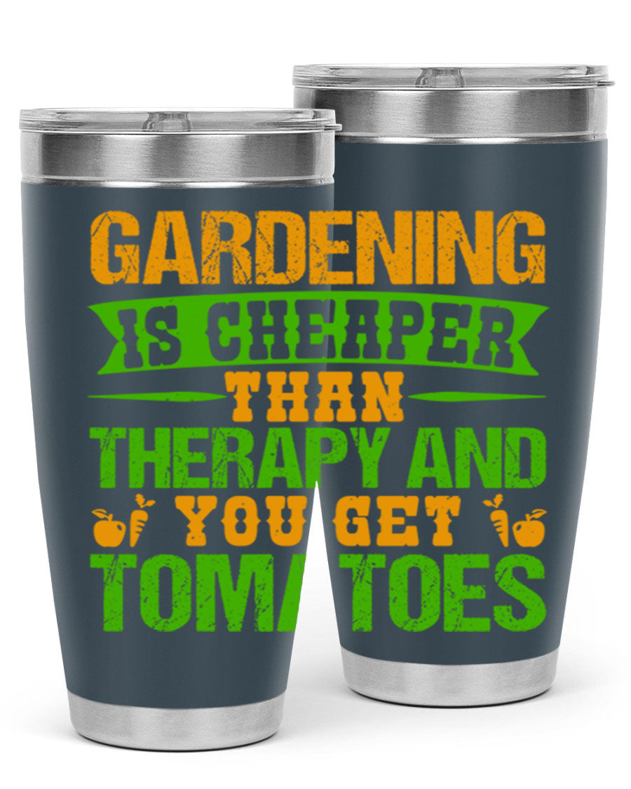 Gardening is Cheaper Than Therapy 20oz Tumbler made of stainless steel with a vibrant design, perfect for hot and cold beverages.