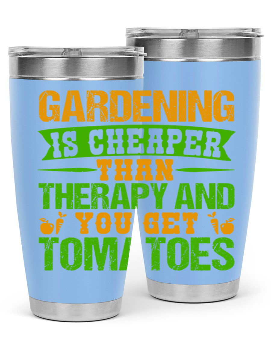 Gardening is Cheaper Than Therapy 20oz Tumbler made of stainless steel with a vibrant design, perfect for hot and cold beverages.