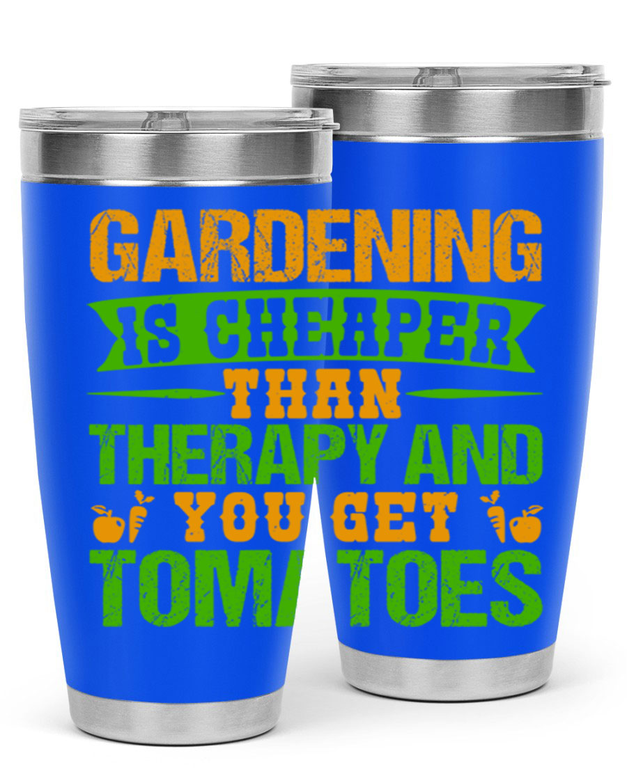 Gardening is Cheaper Than Therapy 20oz Tumbler made of stainless steel with a vibrant design, perfect for hot and cold beverages.