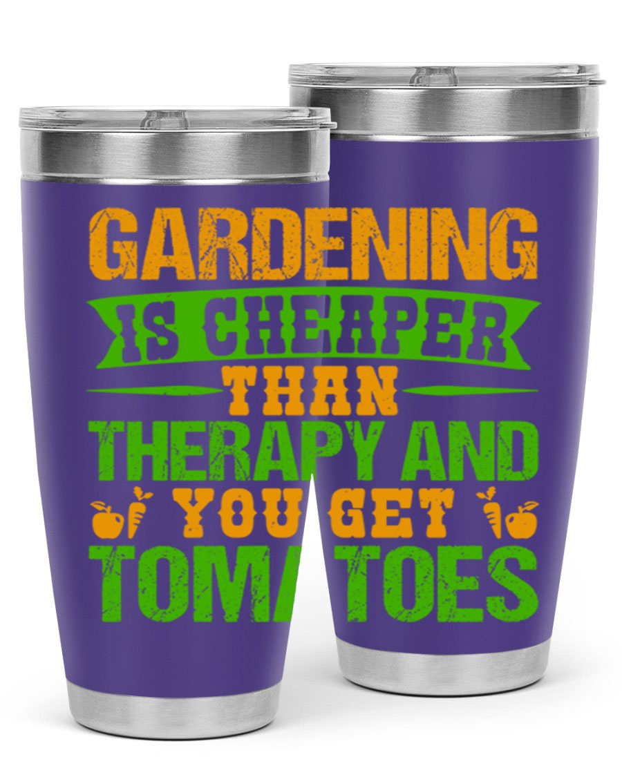 Gardening is Cheaper Than Therapy 20oz Tumbler made of stainless steel with a vibrant design, perfect for hot and cold beverages.