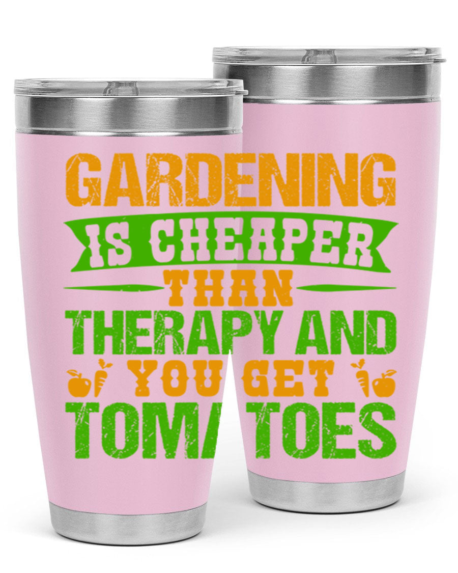 Gardening is Cheaper Than Therapy 20oz Tumbler made of stainless steel with a vibrant design, perfect for hot and cold beverages.
