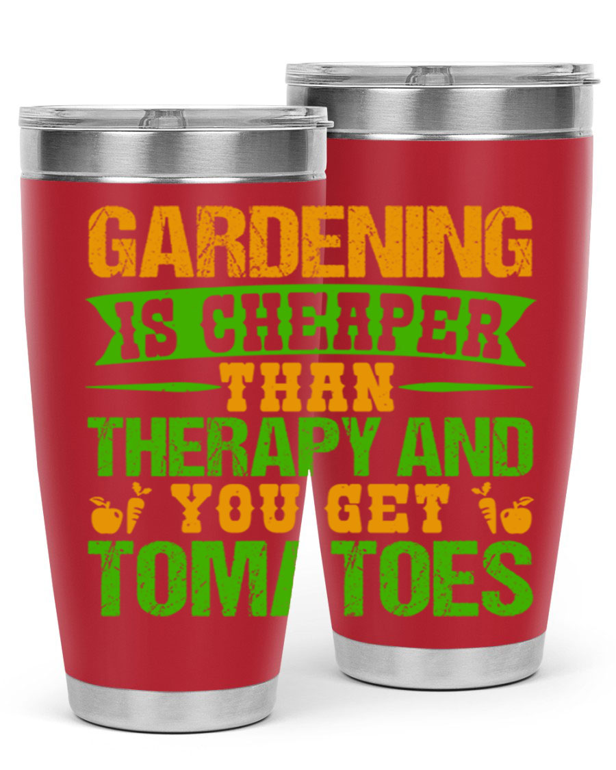 Gardening is Cheaper Than Therapy 20oz Tumbler made of stainless steel with a vibrant design, perfect for hot and cold beverages.