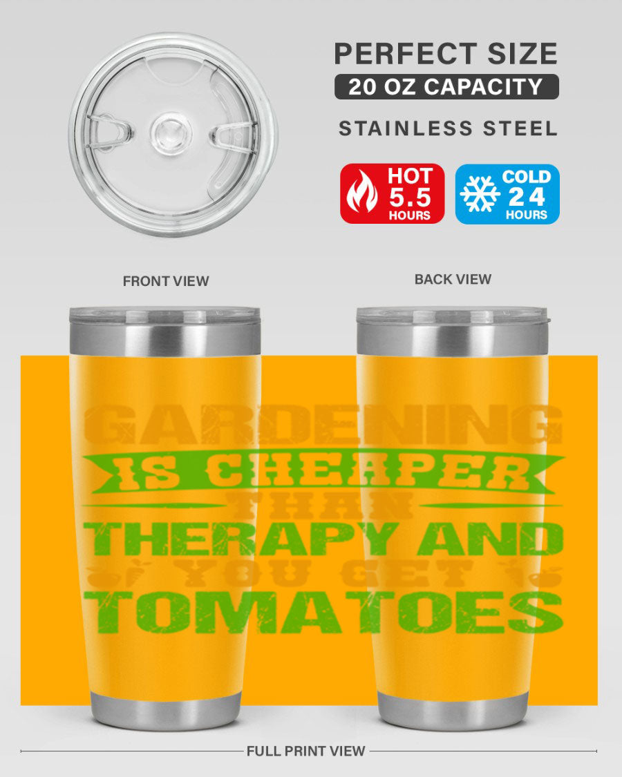 Gardening is Cheaper Than Therapy 20oz Tumbler made of stainless steel with a vibrant design, perfect for hot and cold beverages.