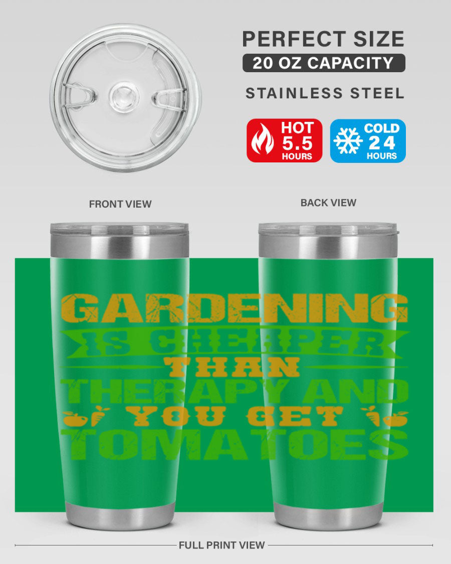 Gardening is Cheaper Than Therapy 20oz Tumbler made of stainless steel with a vibrant design, perfect for hot and cold beverages.